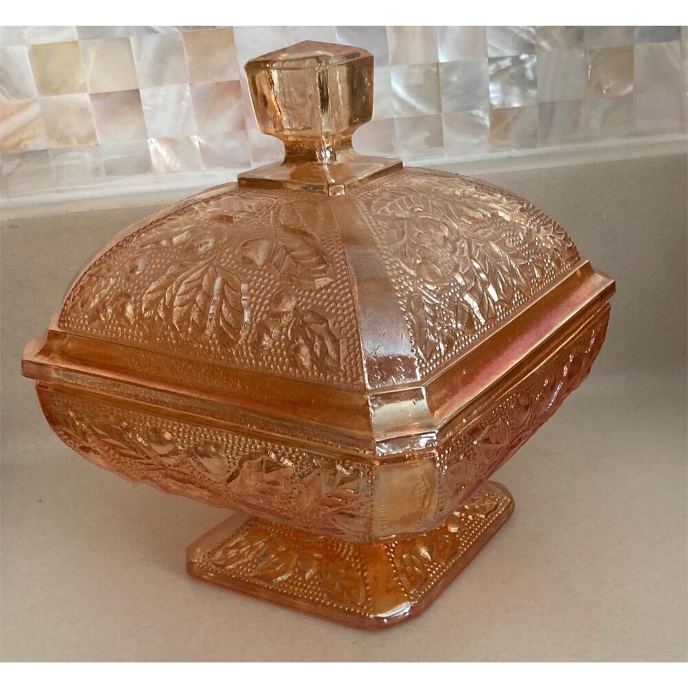 Vintage Jeannette Glass Line 125 Iridescent Marigold Candy Dish wLid – Pristine
